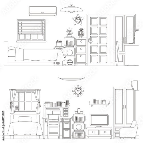 インテリアの線画ベクターイラスト. 男の子の部屋. 子供の部屋.