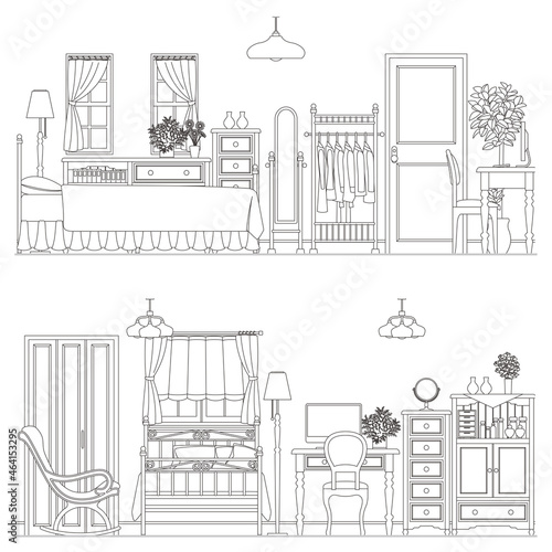 インテリアの線画ベクターイラスト. 女性の部屋.