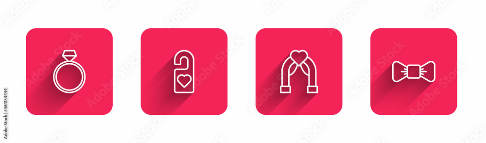 Set line Diamond engagement ring, Please do not disturb, Wedding arch and Bow tie with long shadow. Red square button. Vector Set line Diamond engagement ring, Please do not disturb, Wedding arch and Bow tie with long shadow. Red square button. Vector