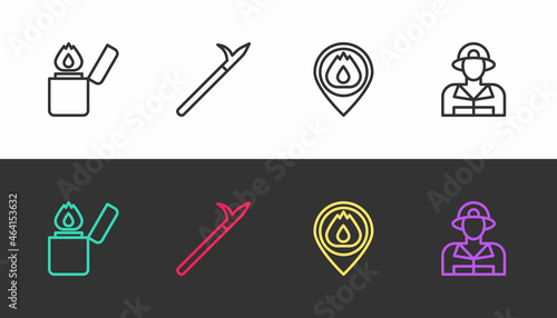 Set line Lighter, Metal pike pole, Location with fire flame and Firefighter on black and white. Vector