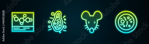 Set line Chemical formula, Bacteria, Experimental mouse and Petri dish with bacteria. Glowing neon icon. Vector