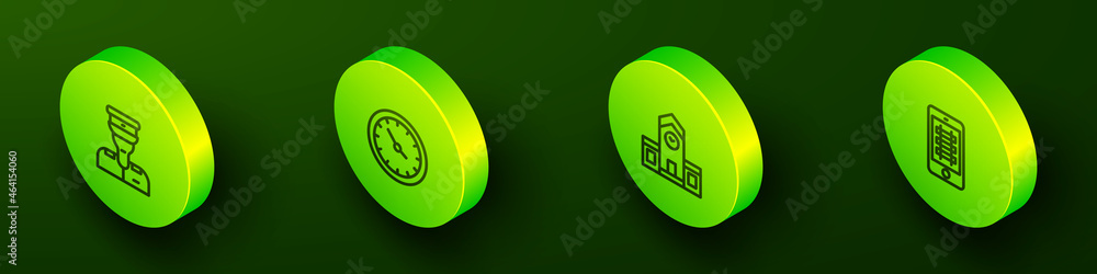 Set Isometric line Train conductor, station clock, Railway and Buy train ticket online icon. Vector Set Isometric line Train conductor, station clock, Railway and Buy train ticket online icon. Vector