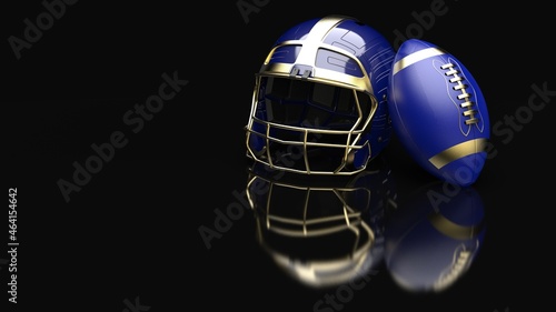 American football Gold-Blue helmet and Gold-Red Ball under black laser lighting. 3D illustration. 3D CG. 3D high quality rendering.