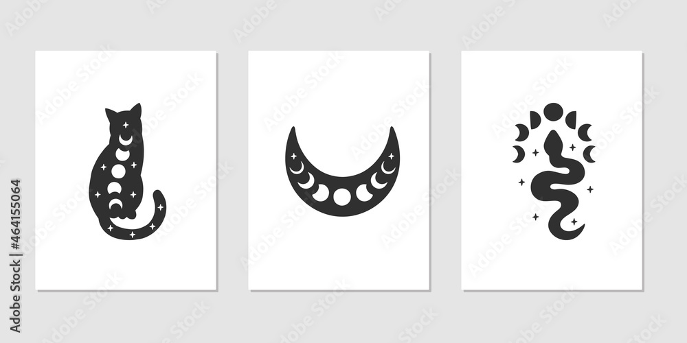 Black celestial animal silhouette vector illustration - boho cat, witchy snake with moon phases. Esoteric mystical concept for tribal poster, card, magic t-shirt print. Witchcraft symbols.