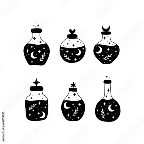 Cartoon magic potion or elixir collection. Bottle silhouette with witch brew, moon. Alchemy poster design. Mystic jar illustration isolated on white. Hand drawn witchcraft symbols vector illustration