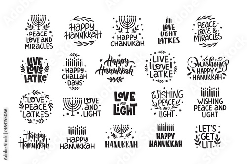 Hanukkah vector celebration typography set. Traditional Jewish holiday phrases collection. Love, light, latkes quote. Chanukah wishes isolated on white. Handwritten Hanuka festive black lettering