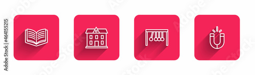 Set line Open book, School building, Pendulum and Magnet with long shadow. Red square button. Vector