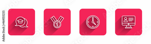 Set line Graduation cap in speech bubble, Medal, Clock and Online class with long shadow. Red square button. Vector