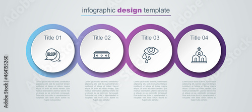Set line Speech bubble rip death, Coffin with cross, Tear cry eye and Church building. Business infographic template. Vector