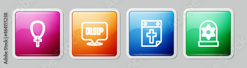 Set line Christian cross on chain, Speech bubble rip death, Calendar and Grave with star of david. Colorful square button. Vector