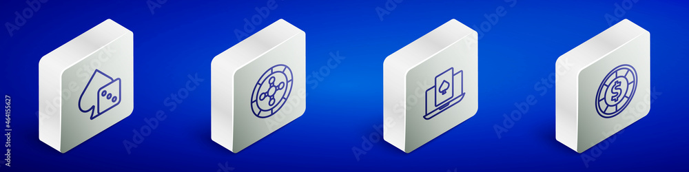 Set Isometric line Game dice, Casino roulette wheel, Online poker table game and chips icon. Vector Set Isometric line Game dice, Casino roulette wheel, Online poker table game and chips icon. Vector
