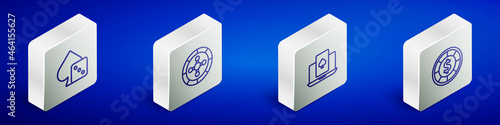 Set Isometric line Game dice, Casino roulette wheel, Online poker table game and chips icon. Vector
