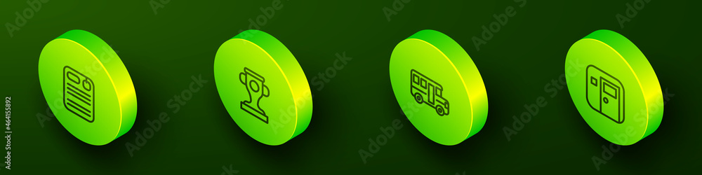 Set Isometric line Dossier folder, Award cup, School Bus and classroom icon. Vector Set Isometric line Dossier folder, Award cup, School Bus and classroom icon. Vector