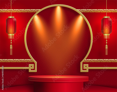 3d Podium round, square box stage podium and paper art Chinese new year,Chinese Festivals, Mid Autumn Festival, red paper cut, fan, flower and asian elements with craft style on background.