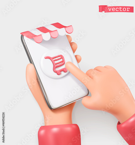 Online shopping. Hands with a mobile phone. 3d cartoon vector icon