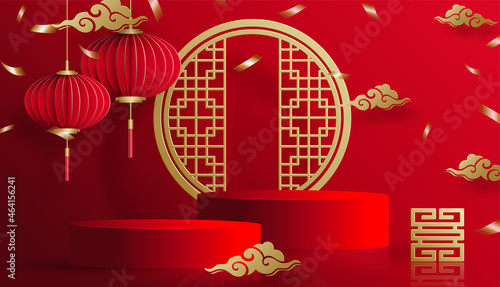 3d Podium round, square box stage podium and paper art Chinese new year,Chinese Festivals, Mid Autumn Festival, red paper cut, fan, flower and asian elements with craft style on background.