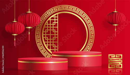 3d Podium round, square box stage podium and paper art Chinese new year,Chinese Festivals, Mid Autumn Festival, red paper cut, fan, flower and asian elements with craft style on background.