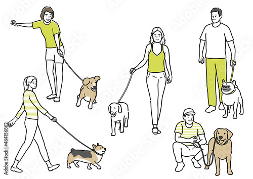 犬を連れた人物のシンプルな線画イラストセット