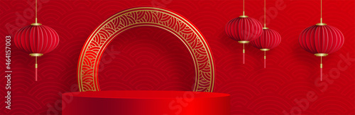 3d Podium round, square box stage podium and paper art Chinese new year,Chinese Festivals, Mid Autumn Festival, red paper cut, fan, flower and asian elements with craft style on background.
