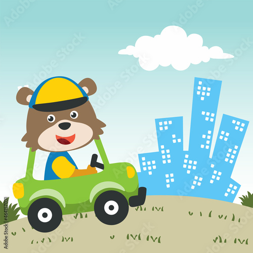 Vector cartoon of funny bear driving car in the road. Can be used for t-shirt printing  children wear fashion designs  baby shower invitation cards and other decoration.