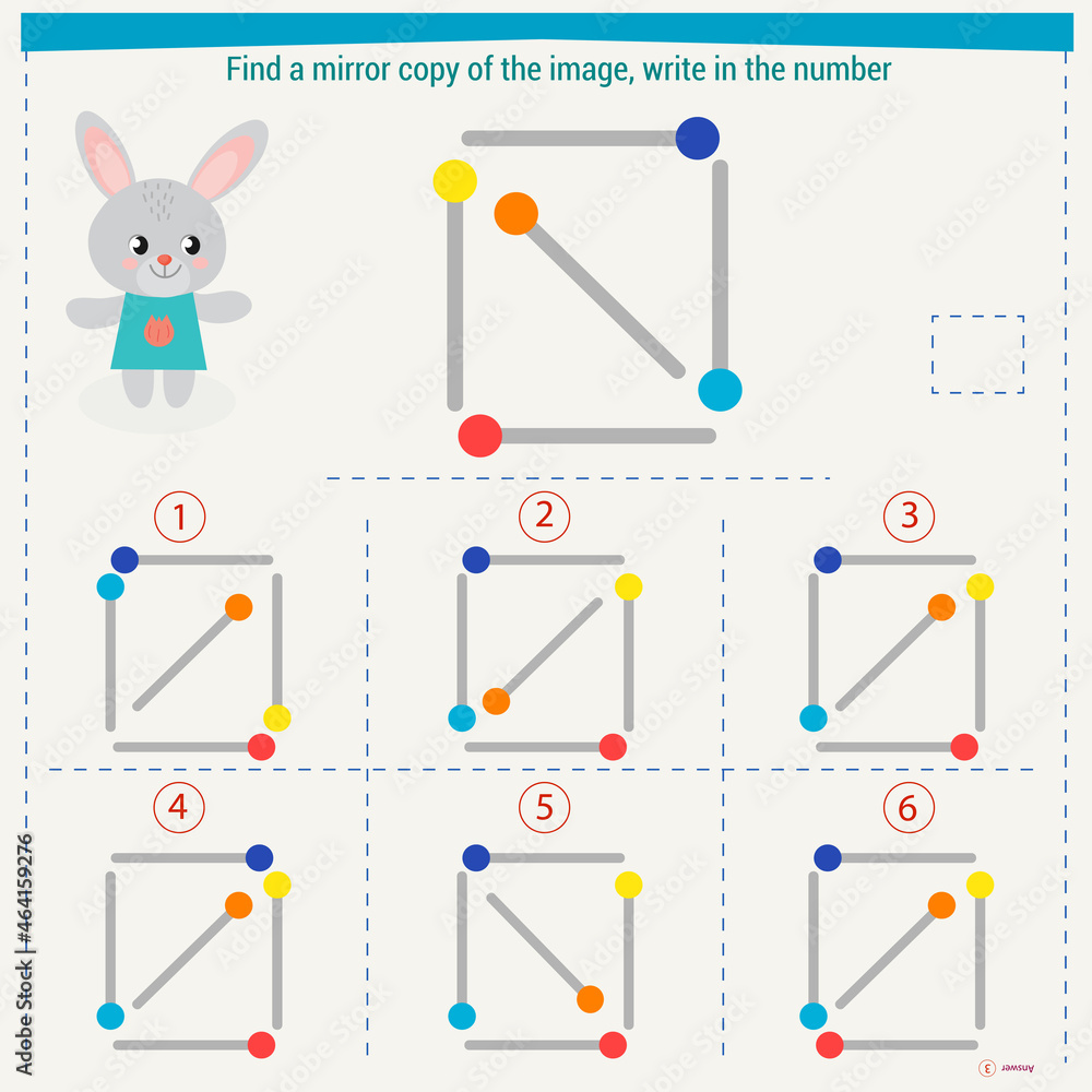 Logic puzzle game for children. Select and write down the number of the correct mirror image of the figure. Development of spatial thinking Logic puzzle game for children. Select and write down the number of the correct mirror image of the figure. Development of spatial thinking