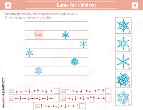  A game for children. Development of spatial thinking. Go through the cells, following the arrows to the picture. Mark the figure number in the table