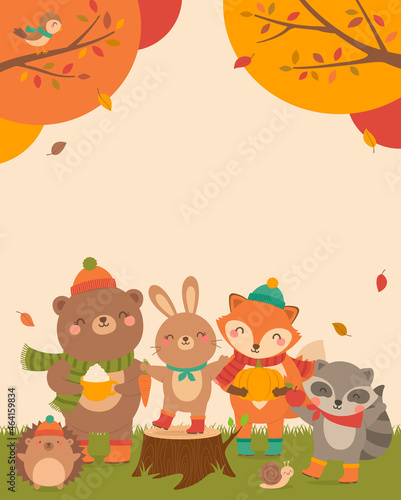 Cute woodland animals cartoon with autumn scene for greeting or invitation card design template.