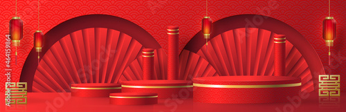 3d Podium round, square box stage podium and paper art Chinese new year,Chinese Festivals, Mid Autumn Festival, red paper cut, fan, flower and asian elements with craft style on background.