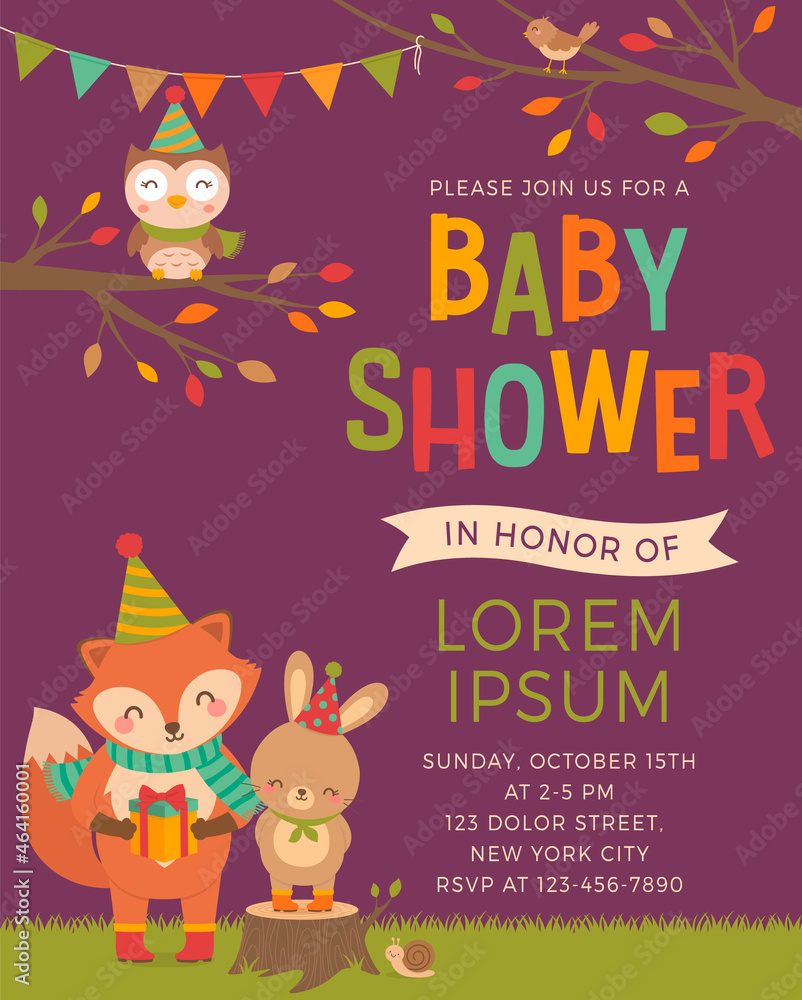 Cute woodland cartoon animals illustration for baby shower invitation card template. Cute woodland cartoon animals illustration for baby shower invitation card template.