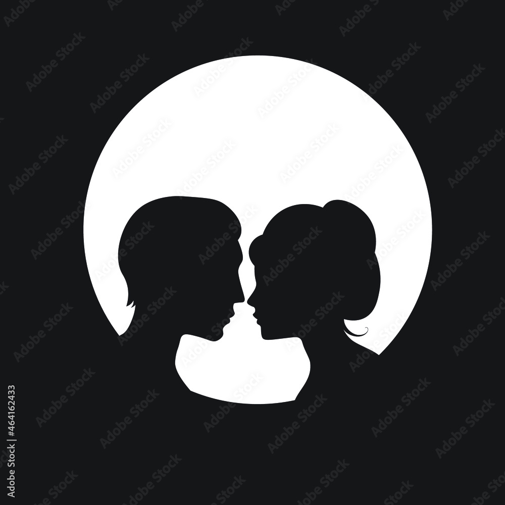 Silhouette of a young man and women in love looking at each other. 