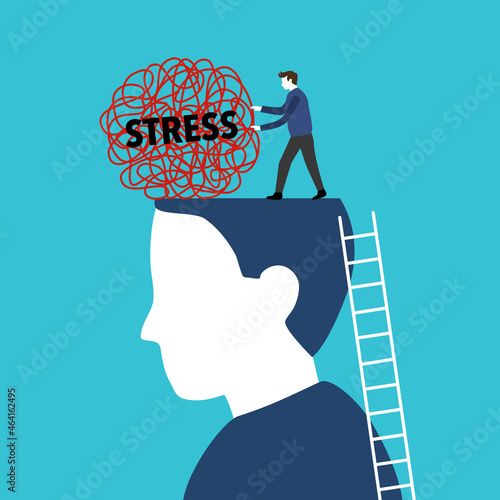 Man pushing stress word on metaphor down from human head in flat design. Reduce or remove stress concept.