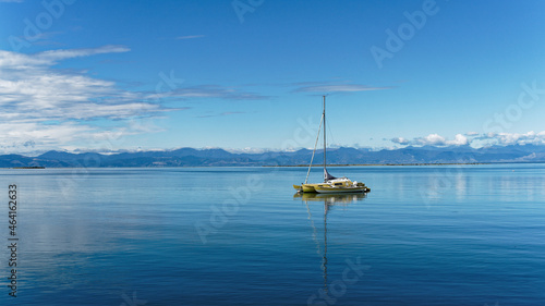Motueka seafront, the Motueka sandspit in the background, Tasman region, New Zealand.