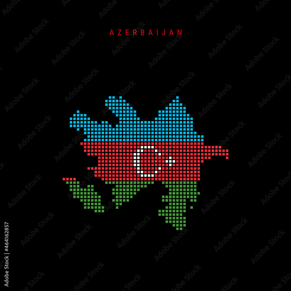 Fototapeta premium Square dots pattern map of Azerbaijan. Dotted pixel map with flag colors. Vector illustration