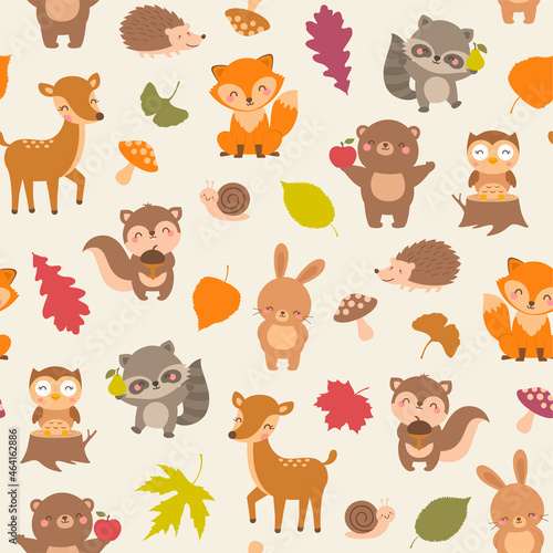 Cute woodland animals with autumn leaf seamless pattern background.