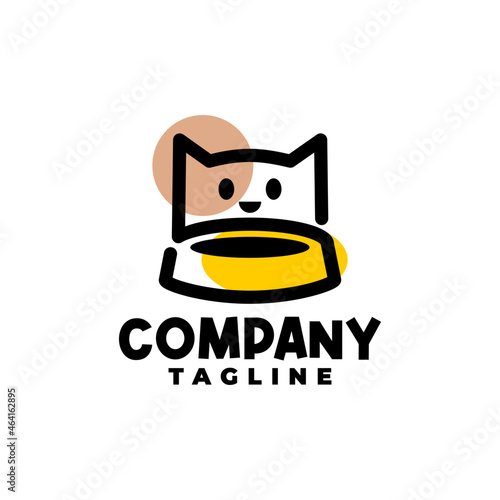 illustration of a cute cat and a bowl, good for cat food logo or pet food logo.