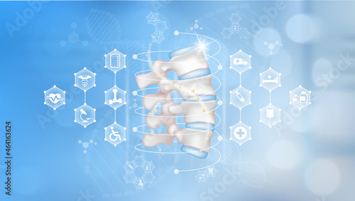 Doctor hand holding bone human joints with the skeleton anatomy of the body. Icon medical network connection and health care. Medical science technology concept.  Realistic 3D Vector.