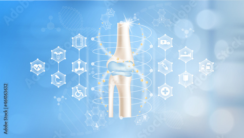 Doctor hand holding bone human joints with the skeleton anatomy of the body. Icon medical network connection and health care. Medical science technology concept.  Realistic 3D Vector.