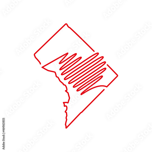 Washington DC, District of Columbia red outline map with the handwritten heart shape. Continuous line drawing. A love for a small homeland. T-shirt print idea. Vector illustration.