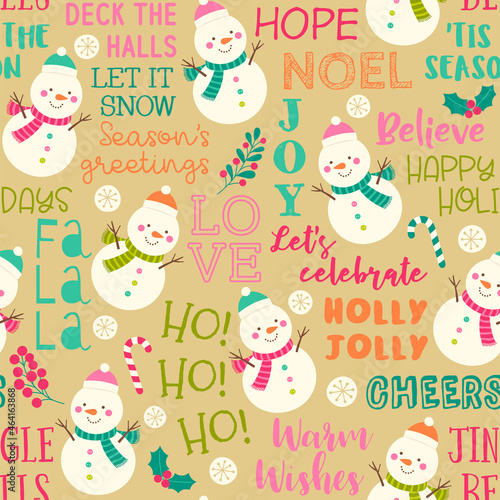 Cute snowman and fun typography with christmas elements seamless pattern background.