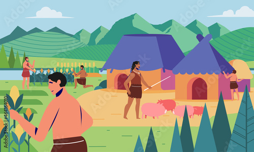 Prehistoric life of ancient human culture by farming and raising livestock to meet food needs vector illustration