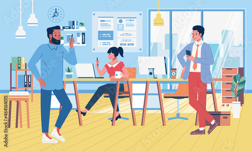 some office workers are busy with their smartphones in an office room, young millennial workers, office interior vector illustration