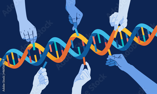 the hand that completes the DNA Helix genetic concept vector illustration