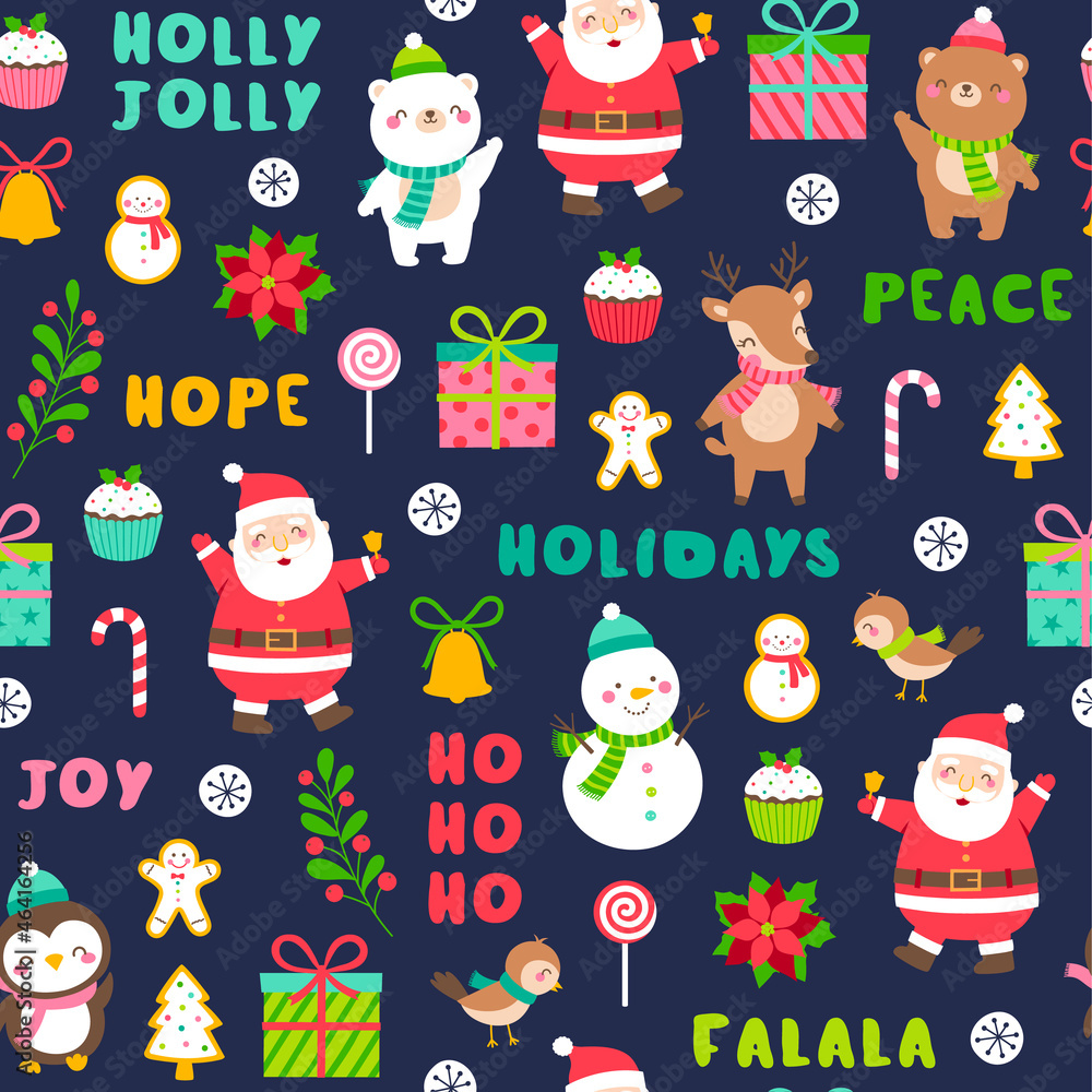Cute teddy bear, polar bear, snowman, penguin, reindeer, santa claus and decorative elements pattern for christmas and new year background.
