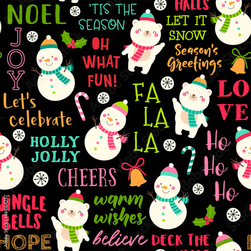 Cute snoman, polar bear and fun typography with christmas elements seamless pattern background.