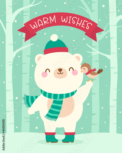 Cute polar bear and little bird illustration with snow and trees background for christmas and new year card design.
