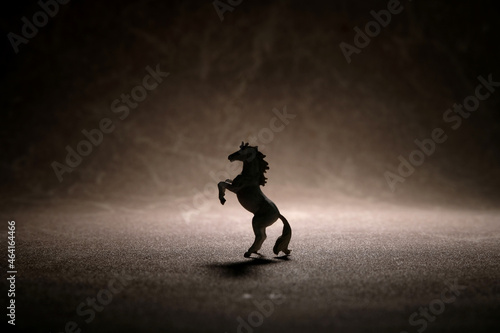 Silhouette of standing prancing horse miniature with spotlight background.