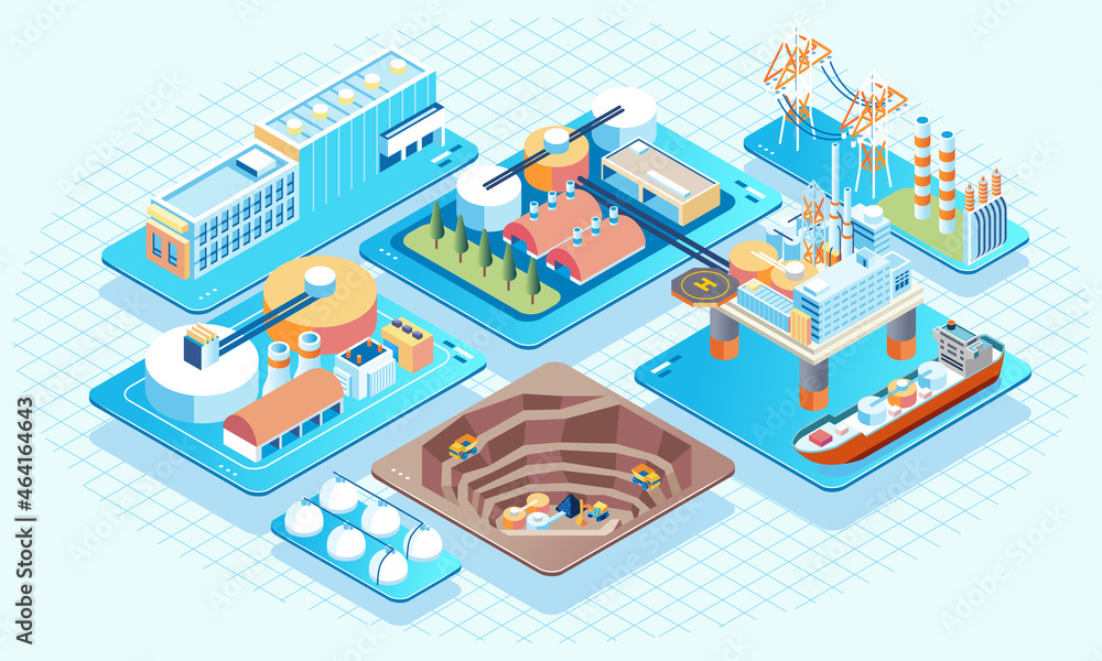 isometric illustration of oil mining company complex, offshore oil mining with large oil cylinders and tankers