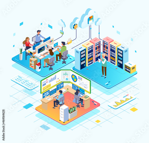Isometric illustration of Cloud service database control, administrator working on database control room