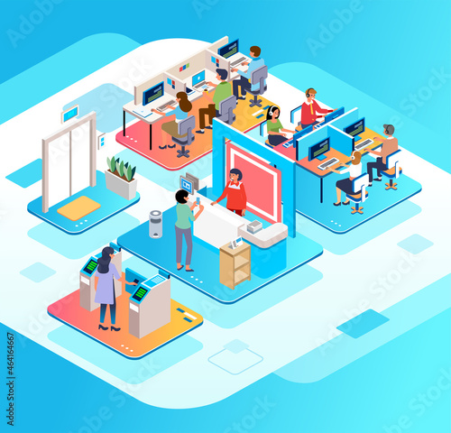 isometric illustration of the activities of an office, the activities of workers working in the front office serving customers and workers working at the computer in the back office