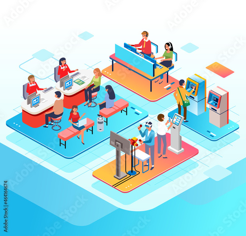 isometric illustration of various activities in a bank building, customers are consulting at the customer center, ATM center, people playing VR and making transactions